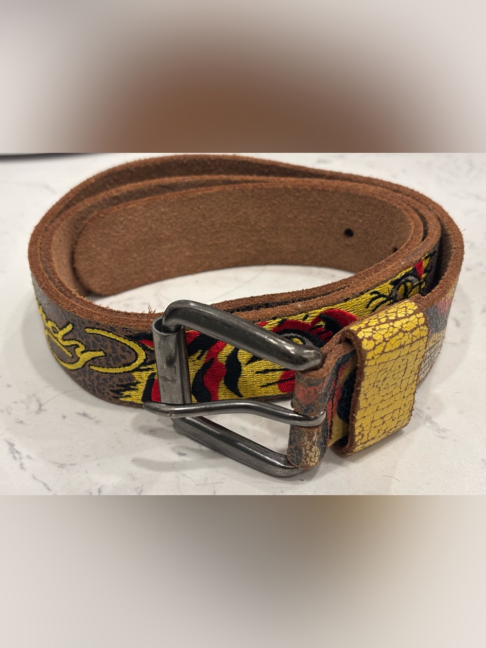 Ed Hardy Vintage Brown Leather Belt with Yellow & Red Tattoo Embroidered Accents